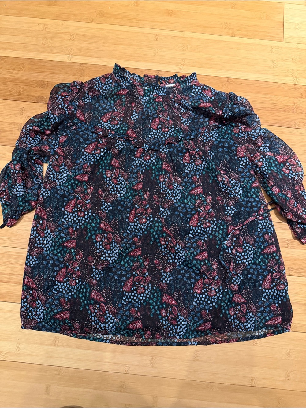 LOFT Navy Floral Ruffle Yoke Blouse with Pink & Teal Accents